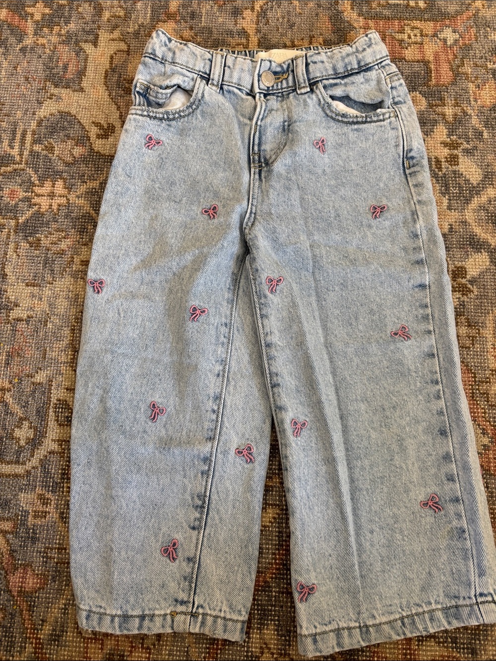 Zara Light Blue Straight Leg Jeans with Pink Bow Embroidery